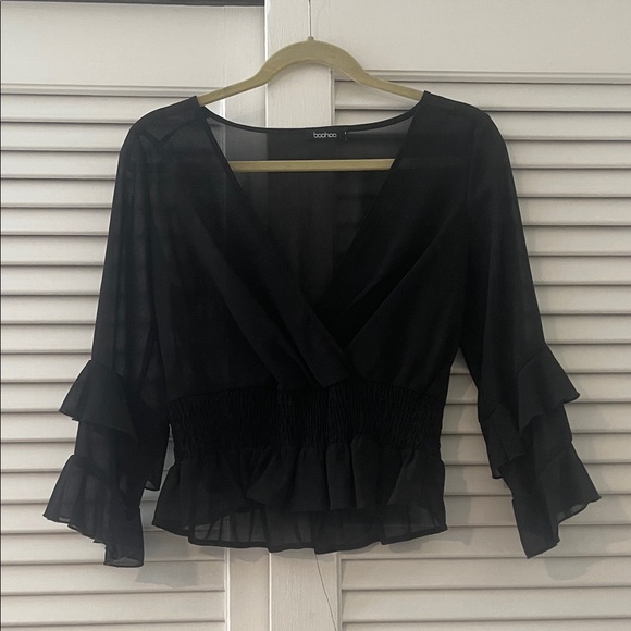 Boohoo Sheer Black Ruffle Blouse - Picture 1 of 3